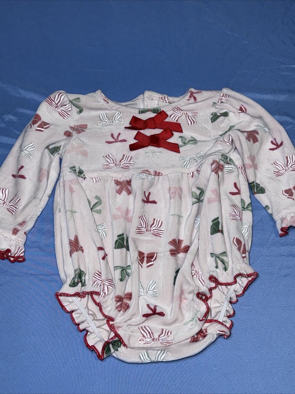 Baby Girls Christmas Soft Romper Bows Pink Red 3-6 Months Holiday Velvet Outfit